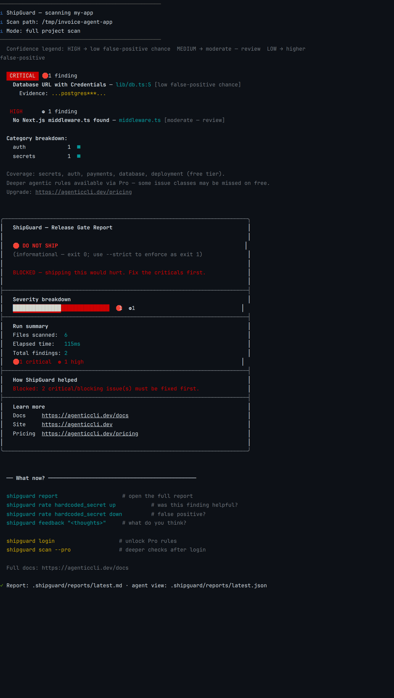 Real ShipGuard 0.5.1 terminal output scanning the invoice-agent fixture: 6 files read, 2 findings, 1 critical and 1 high, and the finding shown is "Database URL with Credentials" — nothing at all about the agent's tools, the reach of its credential, or the missing confirmation step