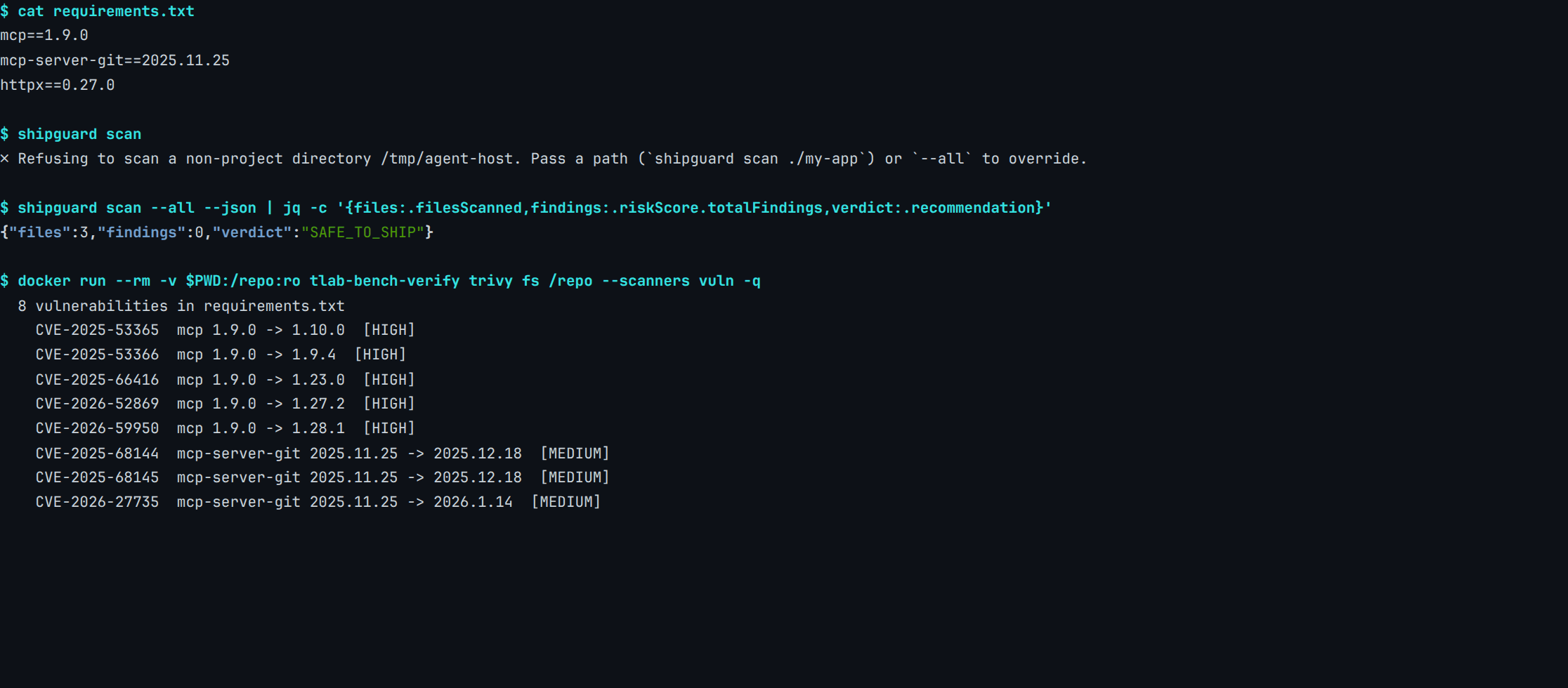 Real ShipGuard 0.5.1 and Trivy 0.72.0 terminal output on a repo pinning mcp-server-git 2025.11.25: ShipGuard refuses to scan without --all, then reads 3 files and returns 0 findings with verdict SAFE_TO_SHIP, while Trivy reports 8 vulnerabilities in the same requirements.txt including CVE-2025-68144 and CVE-2025-68145