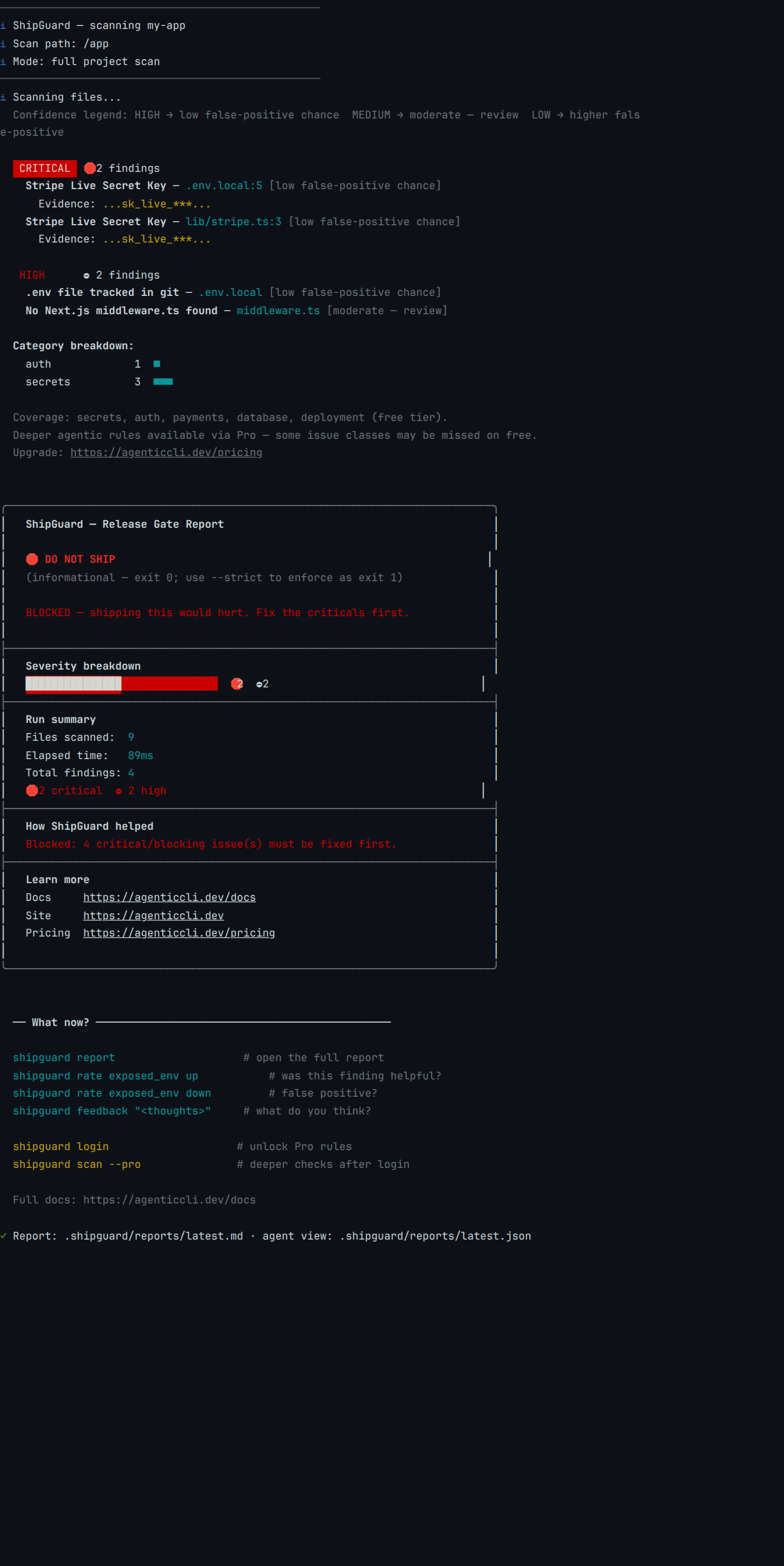 Full ShipGuard 0.5.0 terminal output for the seeded Next.js + Supabase booking app. Two CRITICAL Stripe Live Secret Key findings are shown at .env.local:5 and at lib/stripe.ts:3. Two HIGH findings follow — a .env file tracked in git and a missing Next.js middleware.ts. The run summary reads 9 files scanned in 89ms with 4 total findings at 2 critical and 2 high. The release gate ends on a DO NOT SHIP verdict.