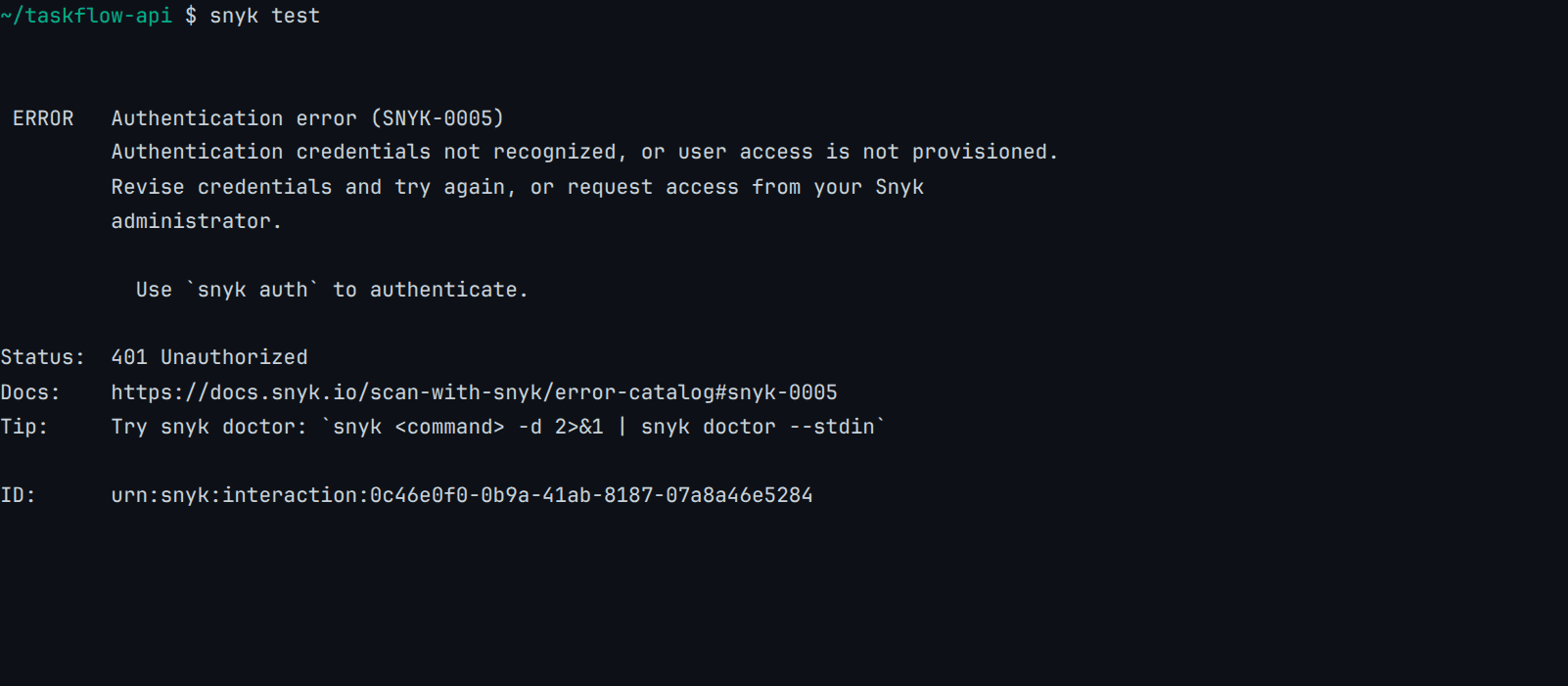Real Snyk CLI 1.1306.1 terminal output: snyk test exits with Authentication error SNYK-0005, "Authentication credentials not recognized, or user access is not provisioned", Status 401 Unauthorized, with node_modules installed and a valid manifest present